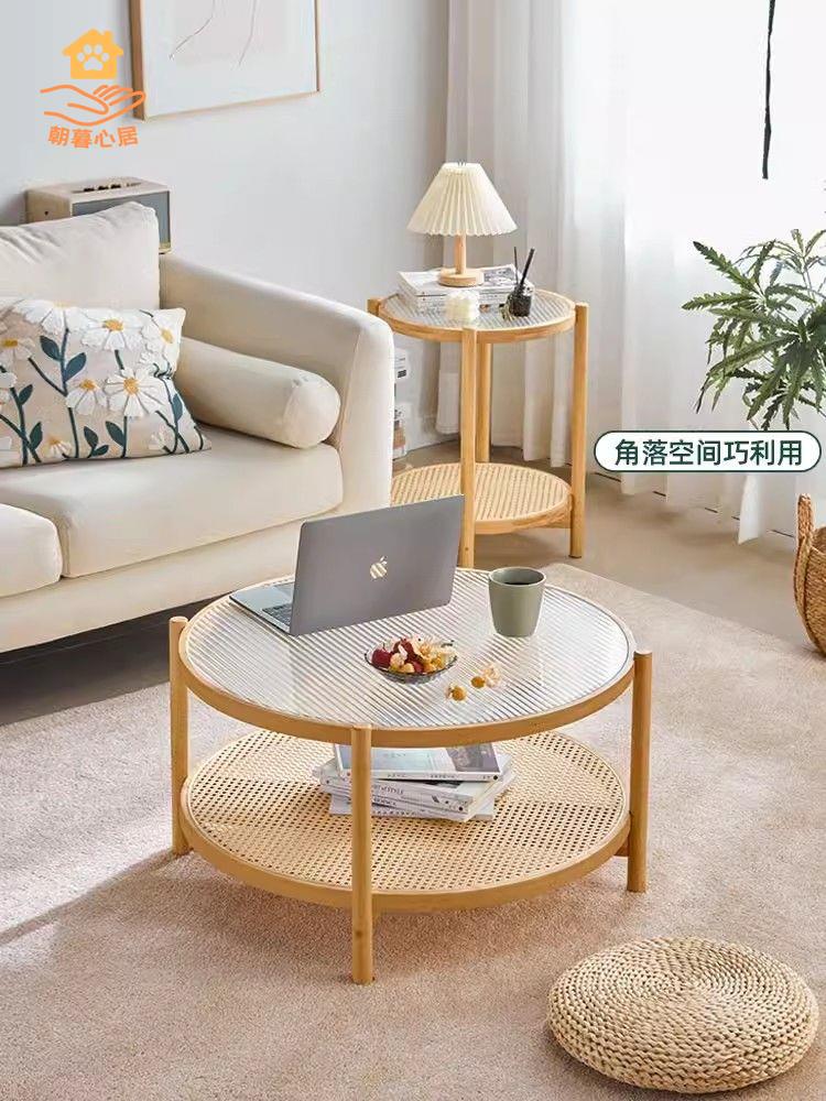 茶幾 沙發邊幾 小茶幾 茶桌 邊幾 客廳圓形實木藤編玻璃茶幾客廳家用小戶型沙發邊幾小茶桌北歐 八折減免 特價出 可開發票【hua2/14】