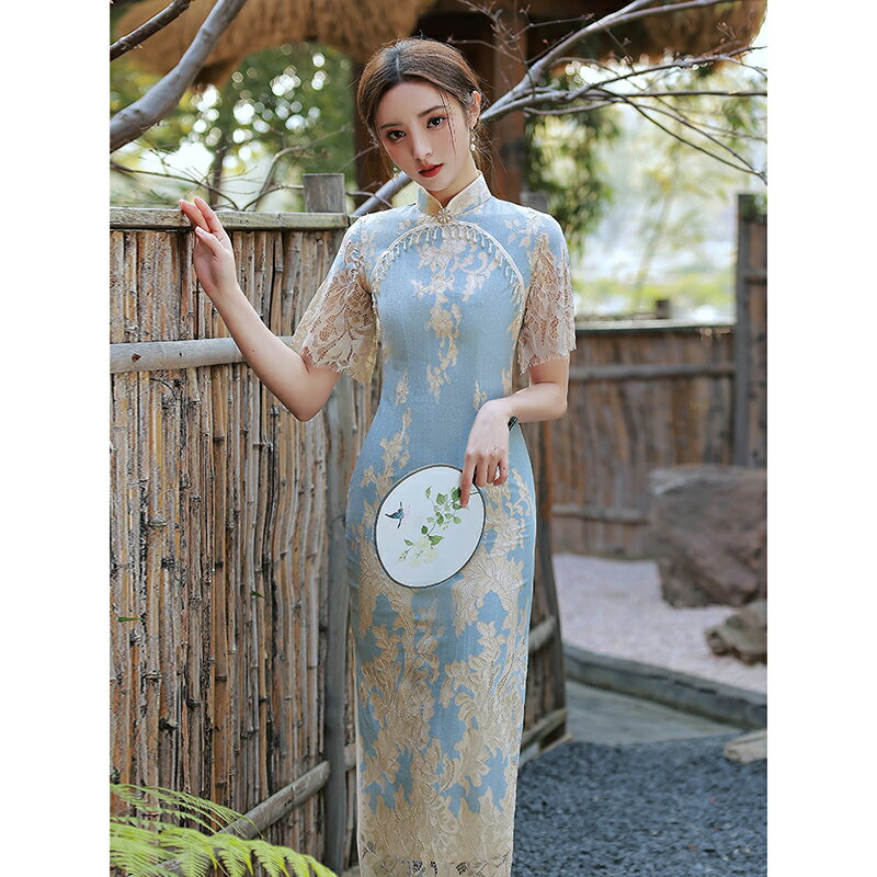 蝕骨旗袍2022年新款春季年輕款復古改良中國風女裝藍色蕾絲連衣裙