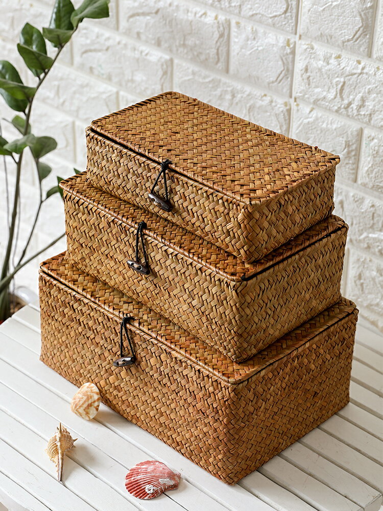 草編收納盒有蓋 桌面整理盒創意手工編織包裝盒禮品盒非藤編