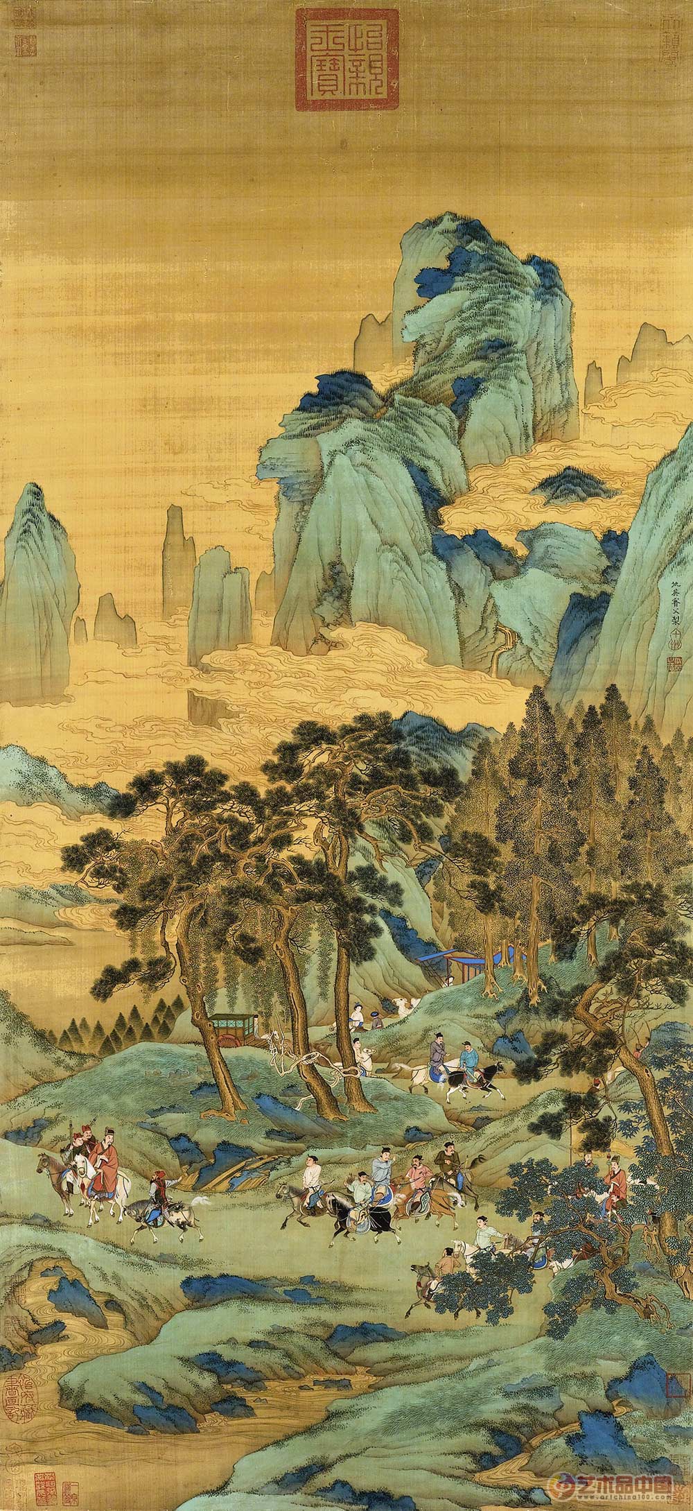 仿古畫名畫復製品明仇英仿明皇幸蜀圖軸國畫40X86cm青綠山水畫