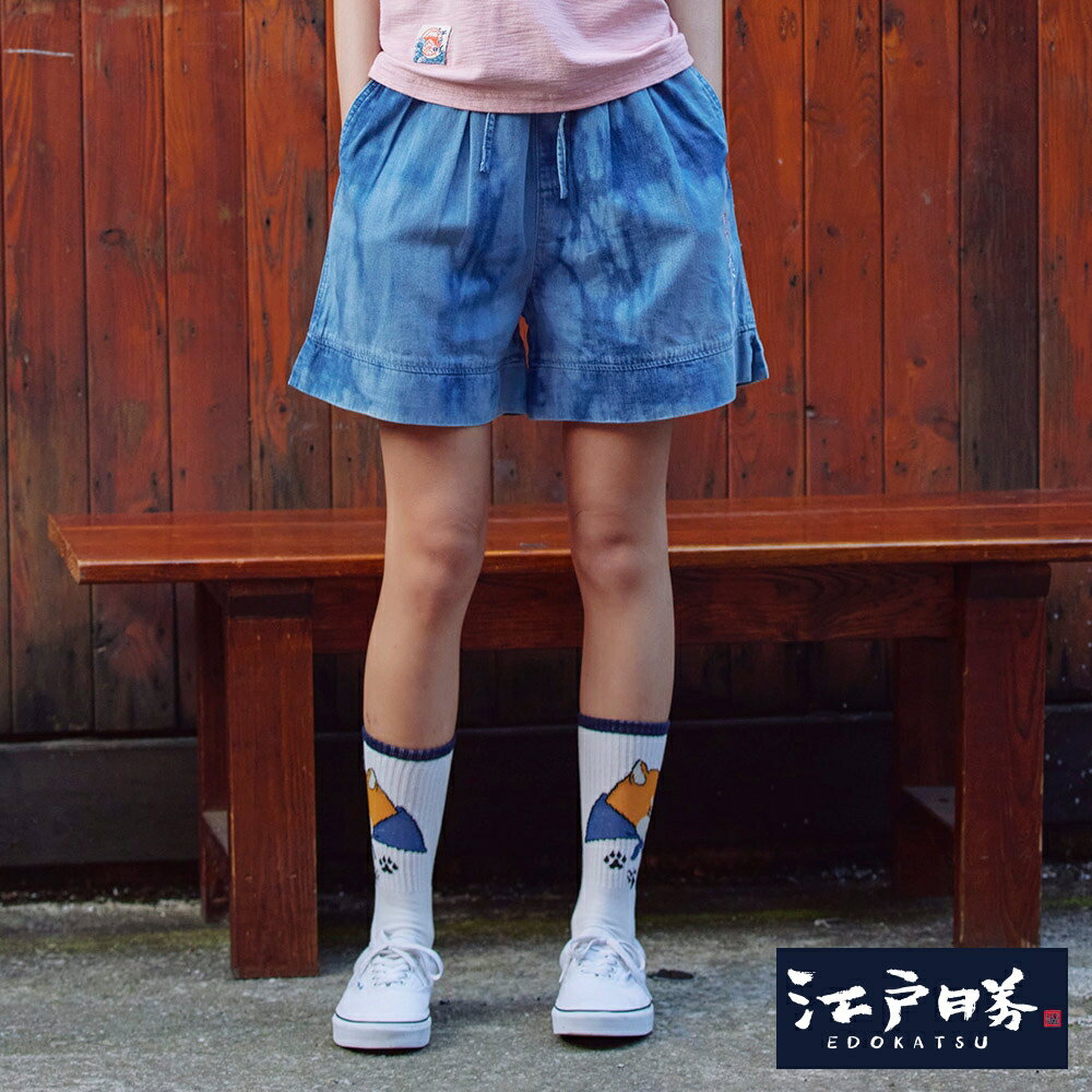 EDOKATSU江戶勝 女款 牛仔櫻花短褲 (拔洗藍)