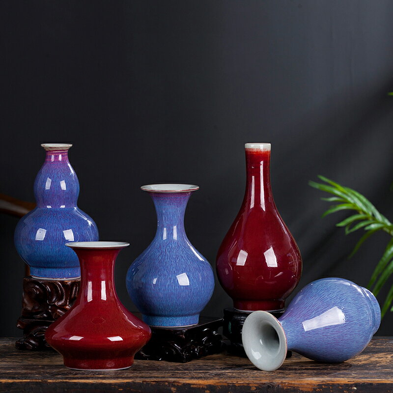 景德鎮陶瓷器郎紅葫蘆瓶小花瓶擺件中式客廳插花裝飾品博古架擺件