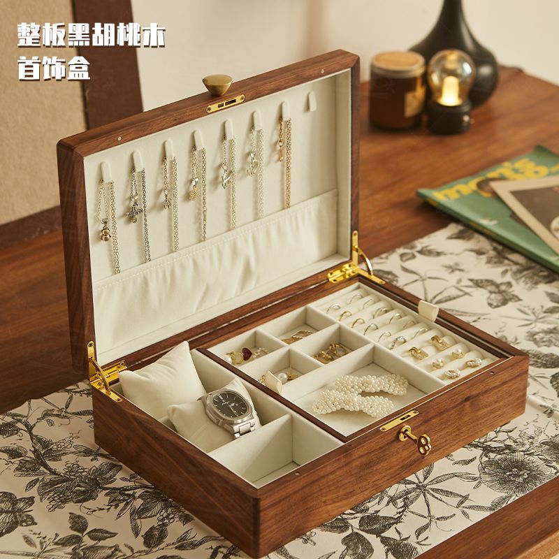 黑胡桃木首飾盒雙層大容量實木首飾收納盒項鏈珠寶盒高檔帶鎖輕奢-UM.有米家居