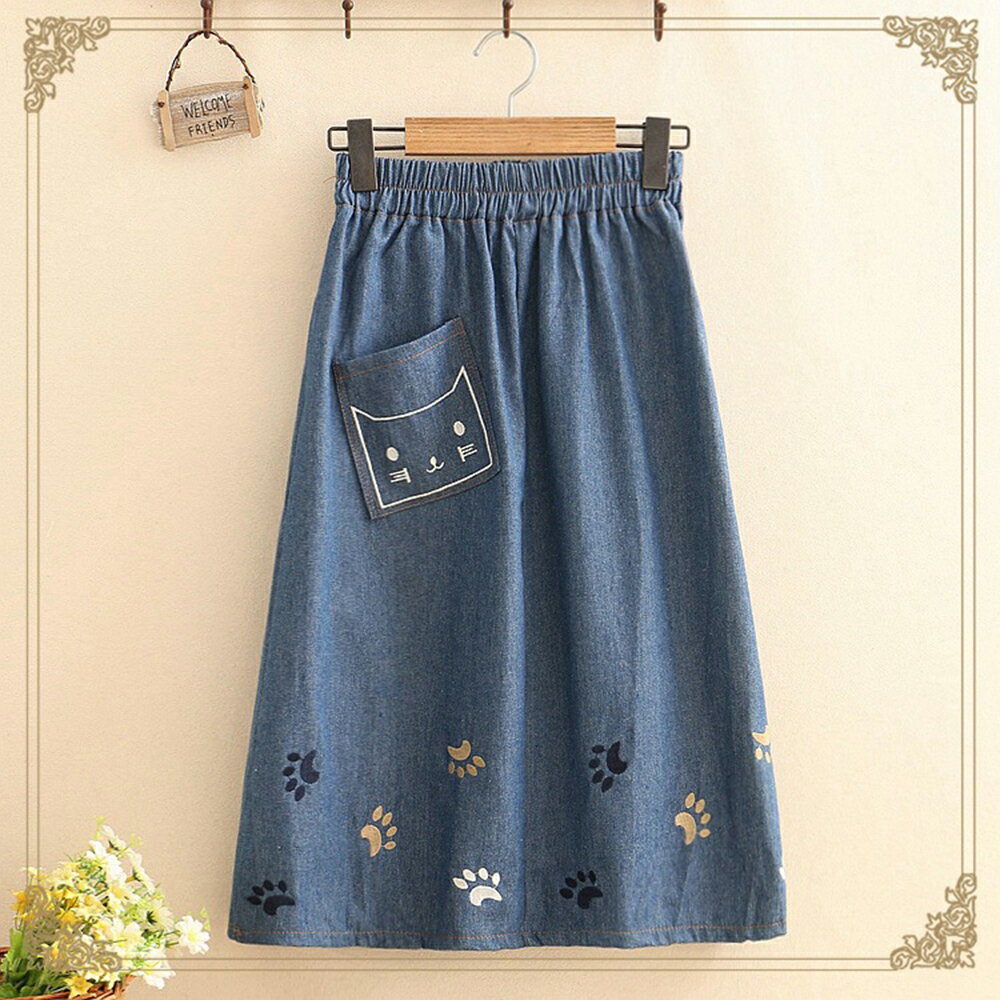 貓咪刺繡牛仔裙