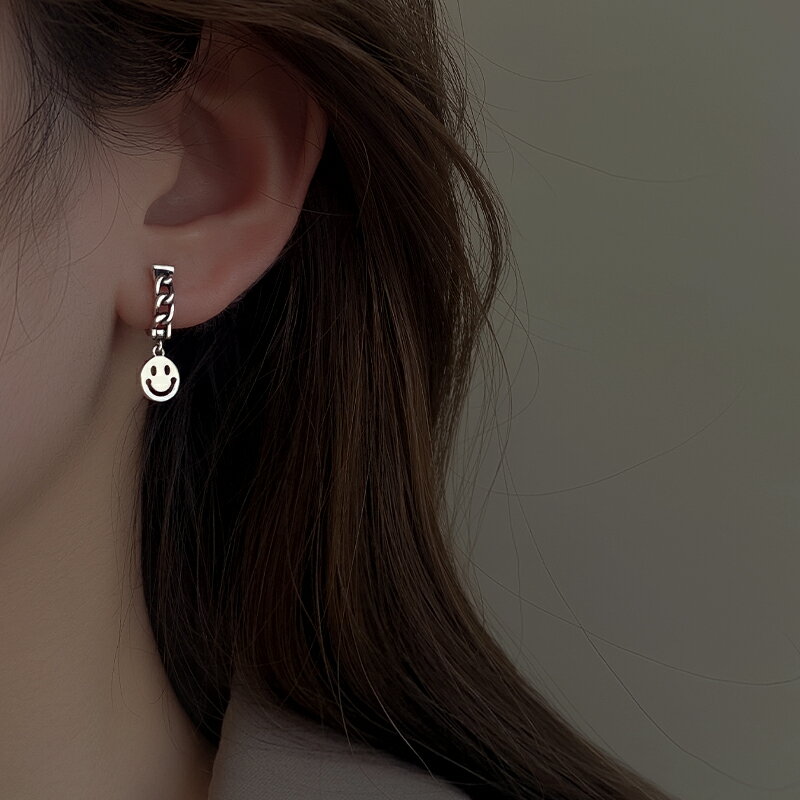 925純銀笑臉耳環女年新款潮復古泰銀耳墜冷淡風耳圈鏈條耳飾