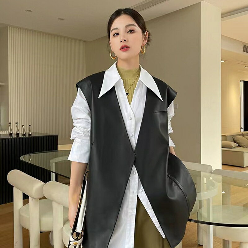 【巴黎精品】皮衣背心真皮夾克-羊皮春秋簡約百搭馬甲女外套黑色a1iw1
