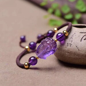天然紫水晶金蟾手鏈 手工繩可調大小 紫水晶三腳蟾手鏈