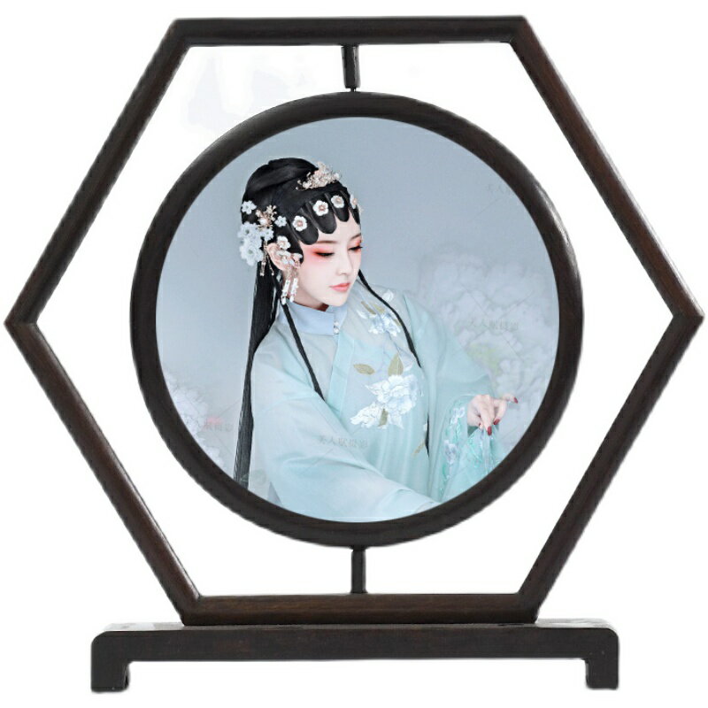 12寸實木雙面古風屏風擺件  中國風全家福照片 擺臺雞翅木相框 4