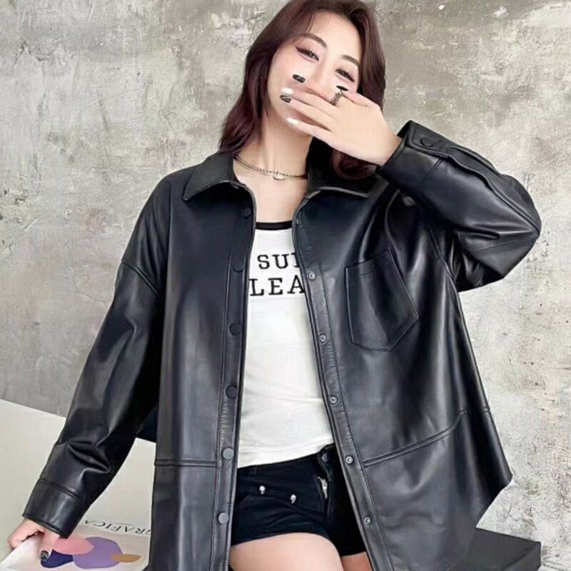 【巴黎精品】皮衣外套真皮夾克-羊皮秋冬新款寬鬆女外套黑色a1iw23