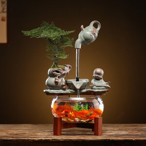 流水擺件 創意玻璃金魚缸客廳桌面循環流水擺件小型家用招財魚缸迷你養魚盆