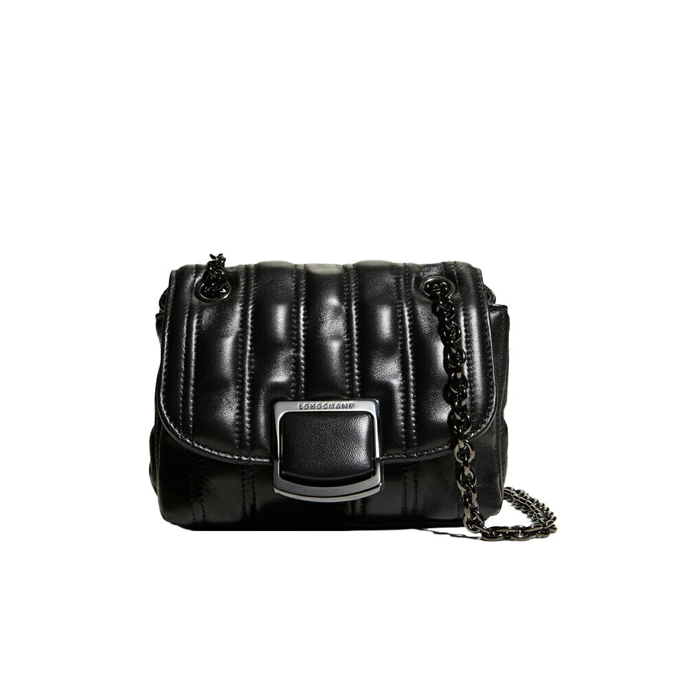 LONGCHAMP Brioche XS羊皮絎縫翻蓋斜背肩背兩用包 黑色 10143HVVP001