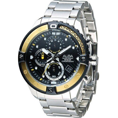 ALBA 雅柏錶 活力運動系列時尚三眼計時腕錶 VD57-X071Y(AM3324X1)-46mm-黑面鋼帶【刷卡回饋 分期0利率】【APP下單4%點數回饋】