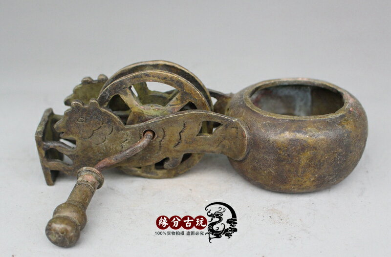 古玩古董雜項仿古做舊銅器 黃銅老虎墨斗老墨斗 家居裝飾收藏擺件1入