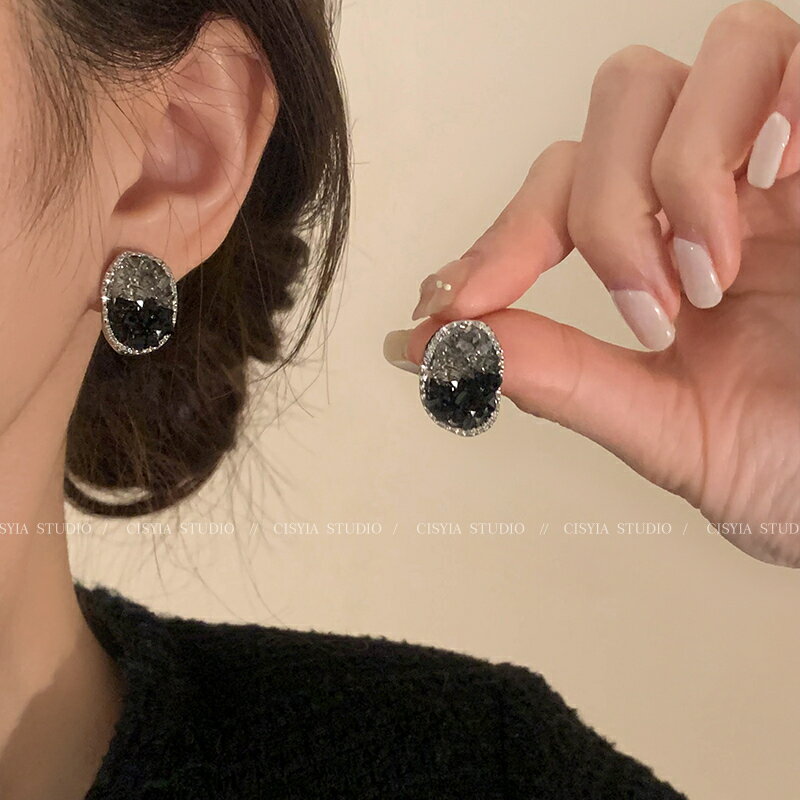 獨特方圓臉黑色耳釘耳環2024新款爆款高級感輕奢大臉水晶大耳飾女【淘夢屋】