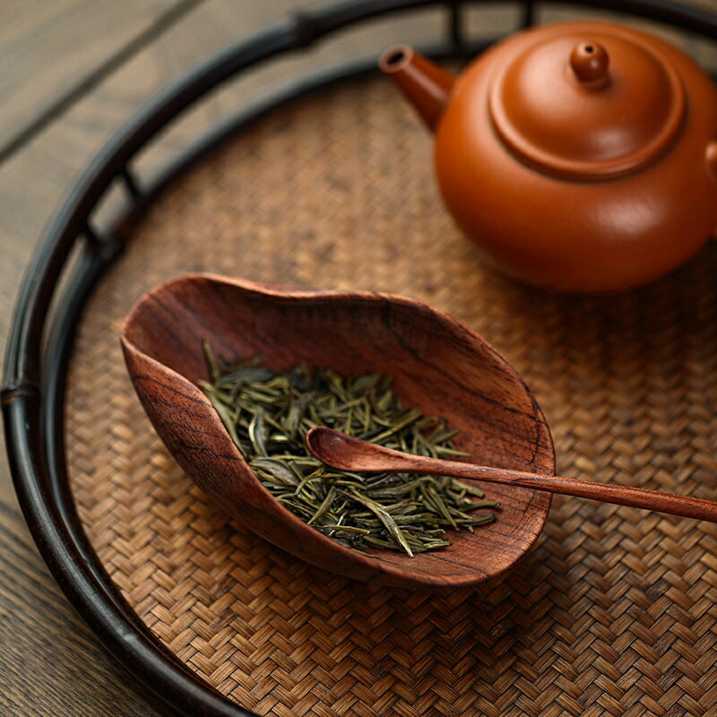 哲明 手工一體實木挖制花梨木茶則二件套復古賞茶荷茶勺茶匙茶鏟