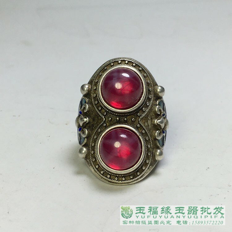 古玩古董清代星光寶石雙福戒託老銀鑲嵌開口銀戒指足銀扳指銀手飾
