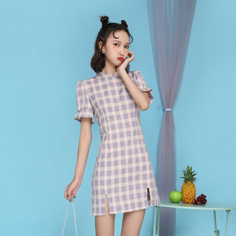 法式旗袍復古年輕款少女紫色格子短款小個子改良版連衣裙女日常