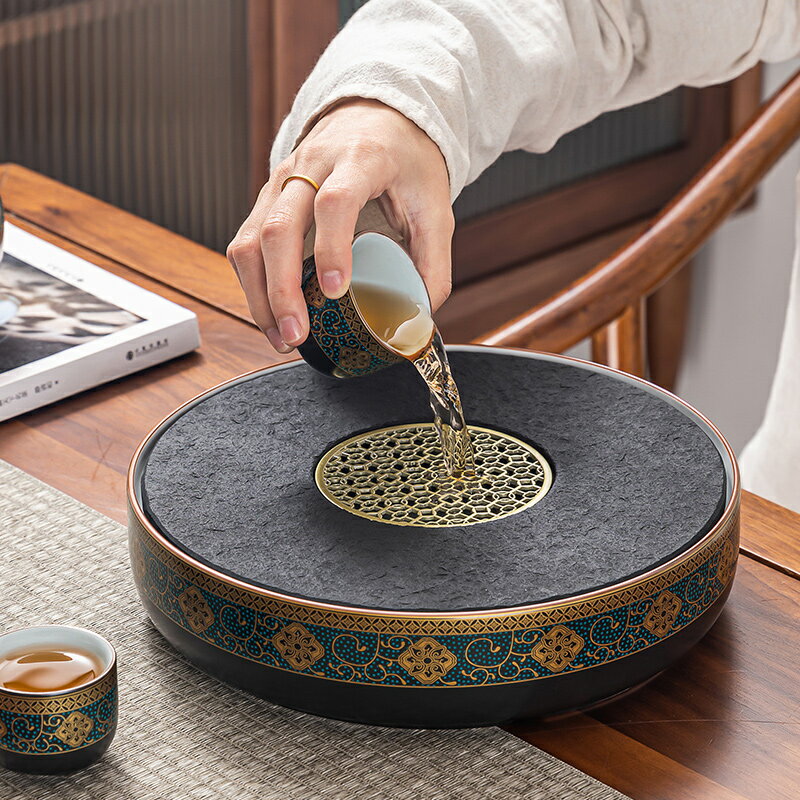 烏金石茶盤圓形功夫茶具套裝家用簡約現代干泡茶臺儲水式石頭茶海