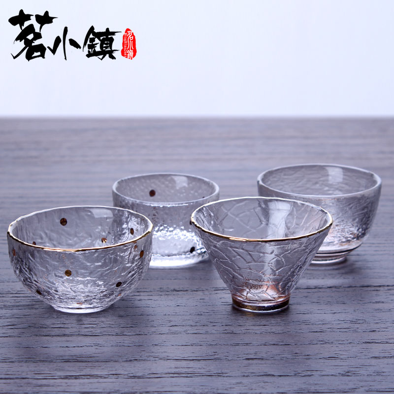 玻璃品茗杯主人杯功夫茶具個人日式描金小茶杯水紋透明耐熱茶杯