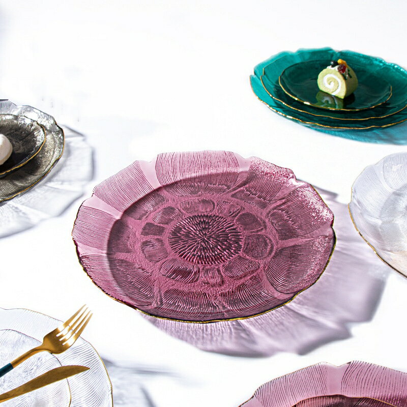 國潮蓮花紋玻璃水果盤家用客廳茶幾現代輕奢風網紅零食盤西瓜果盤