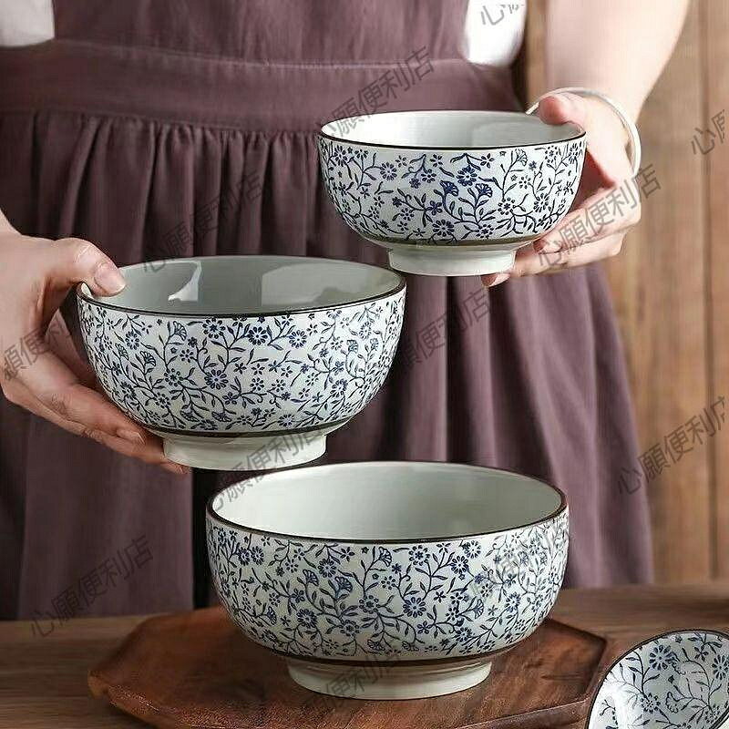 復古青花米飯碗家用陶瓷拉麵碗日式6/7寸吃面大碗湯碗釉下彩加厚