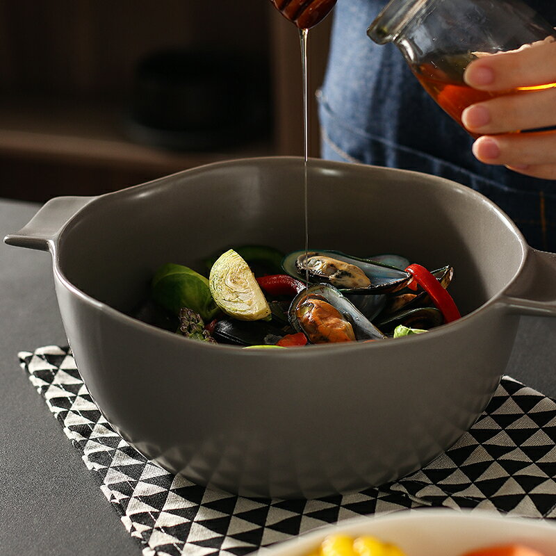 北歐創意餐具陶瓷家用波浪口雙耳碗防燙大湯碗泡面碗沙拉大號面碗