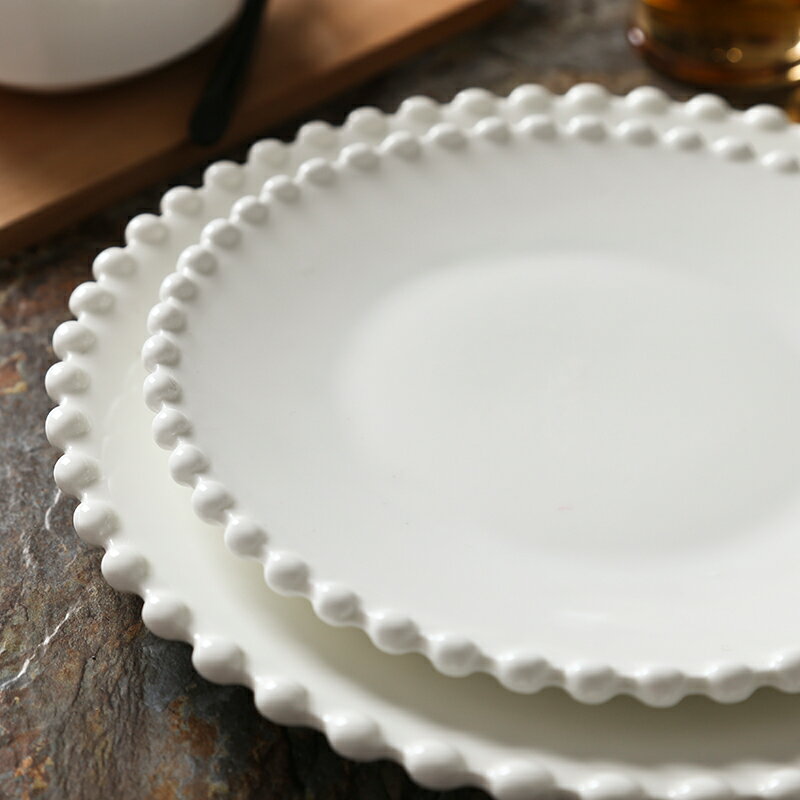 公主范北歐式西餐珍珠邊花邊純白陶瓷早餐牛排餐具沙拉飯碗平盤子