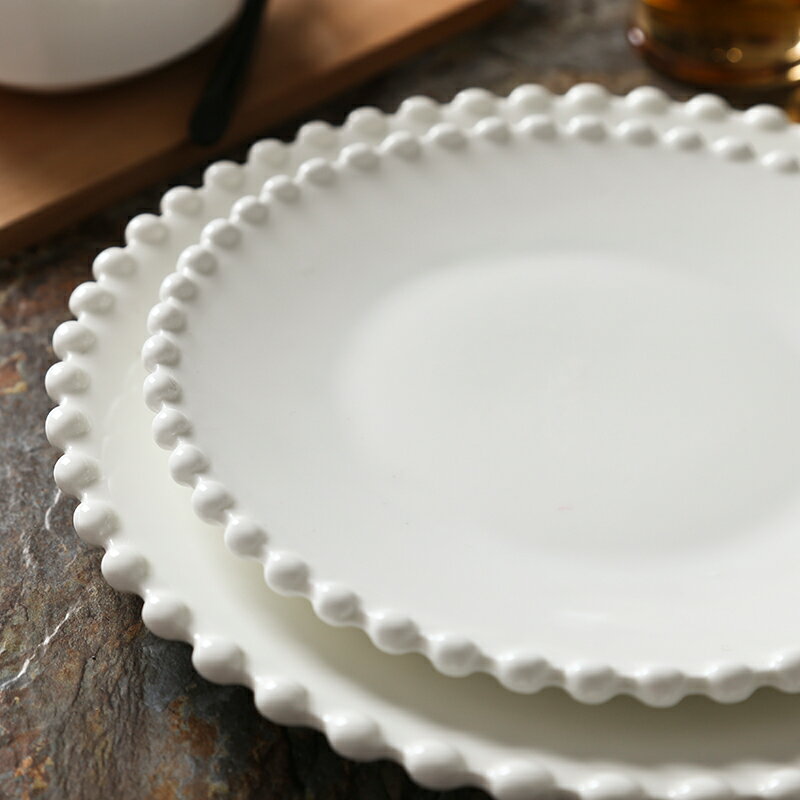 公主範北歐式西餐珍珠邊花邊純白陶瓷早餐牛排餐具沙拉飯碗平盤子