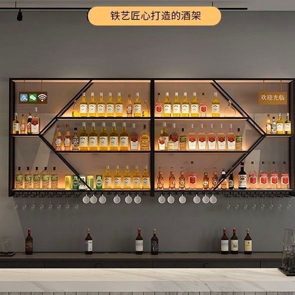 全館八折 【附發票】免運 置物架 酒架 壁掛架 墻上收納架 餐廳酒吧清吧墻上發光酒架壁掛鐵藝紅酒陳列酒架展示架置物架酒櫃工廠現貨 特惠/售後保障 y1210