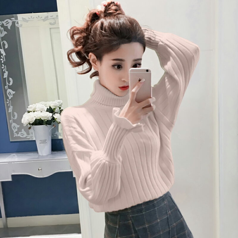 秋季新款韓版寬松顯瘦純色高領喇叭袖打底加厚毛衣上衣女1入