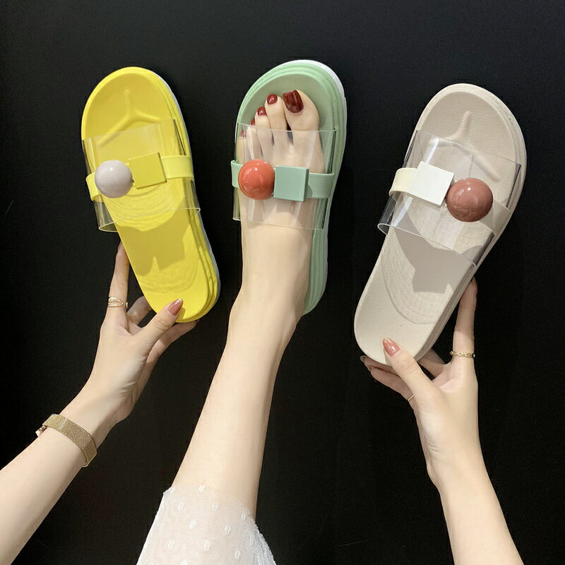 女士涼拖鞋外穿2020夏季新款時尚厚底鬆糕懶人一字透明拖鞋沙灘鞋