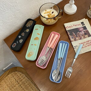 可愛餐具筷子勺子套裝上班族學生便攜不銹鋼叉子三件套筷子收納盒