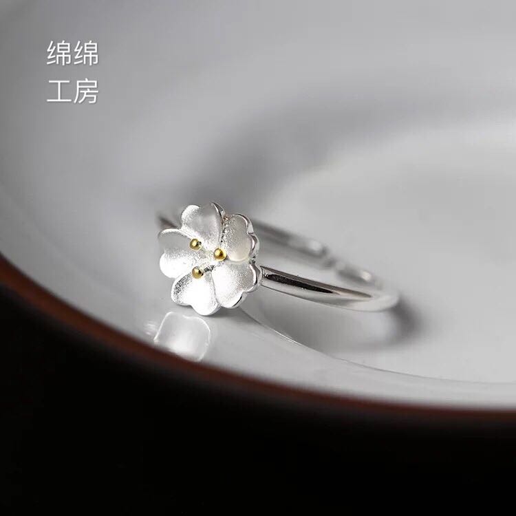 925銀設計款花朵指環 甜美浪漫櫻花開口戒指女款文藝范手飾品