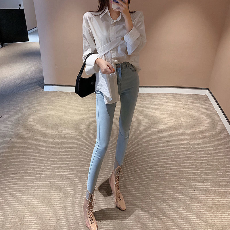 初秋時尚女彈力牛仔長褲港味時尚百搭高腰顯瘦修身小腳褲女潮ins