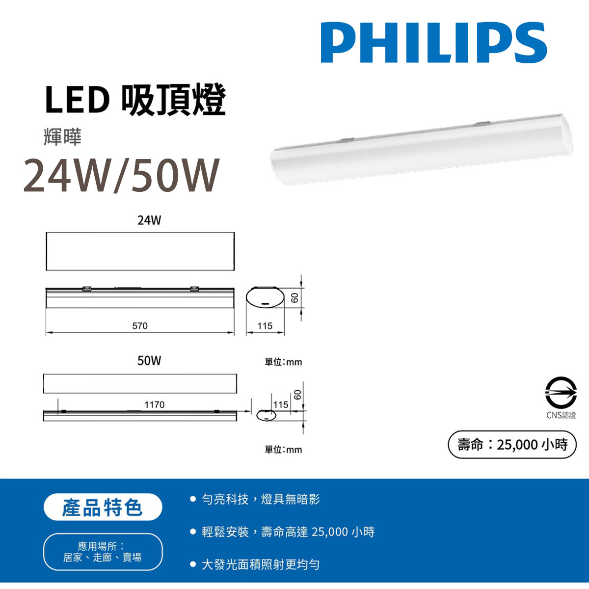 飛利浦PHILIPS 輝曄 2尺4尺 可取代山形燈具 LED 24W 50W 吸頂燈 全電壓 白光/自然光 〖永光照明〗PH-LED-3124%