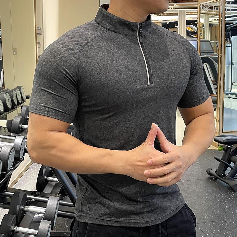 半拉鏈短袖男士運動健身上衣小立領速幹半高領休閒潮流夏季T恤