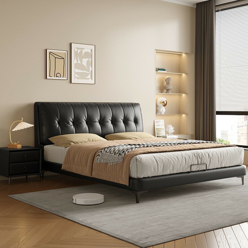 楓林宜居 奶油風真皮床意式極簡現代主臥1.8米侘寂雙人床輕奢軟包皮藝婚床