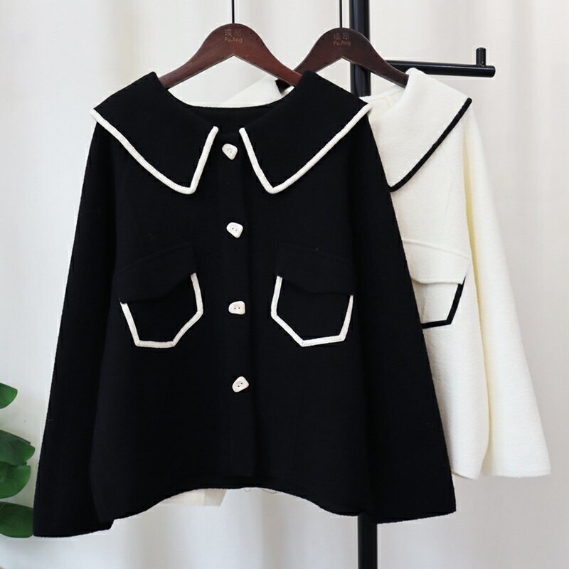 現貨+預購 針織外套長袖毛衣-翻領幾何邊氣質雙面呢針織女外套2色74jl82【獨家進口】【米蘭精品】 2