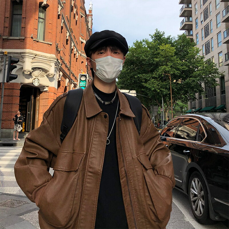 【現貨】美式復古機車皮衣夾克男棕色飛行員棒球服ins潮摩托車騎行服外套【北歐家居生活】