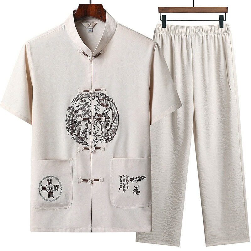 【夏季透氣涼爽】唐裝套裝 中式服裝 中國風男裝 漢服短袖 居士服 中老年服飾 盤扣設計 亞麻材質 寬鬆舒適 日常休閒 太極練功服