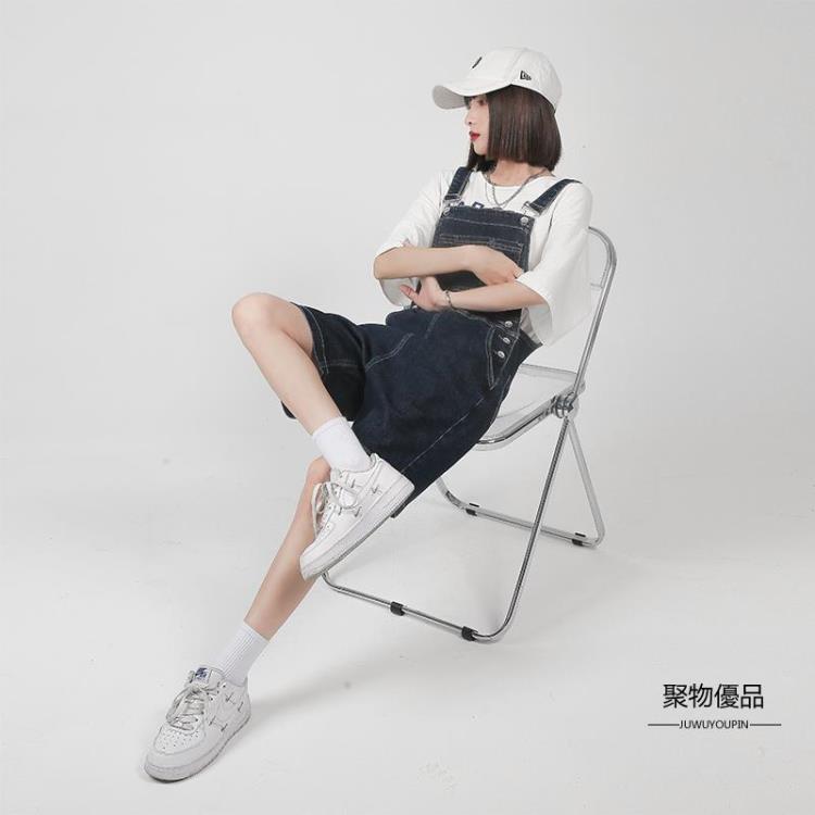 寬鬆直筒吊帶褲女夏季薄款水洗減齡短褲牛仔褲顯瘦五分吊帶褲【聚物優品】 1