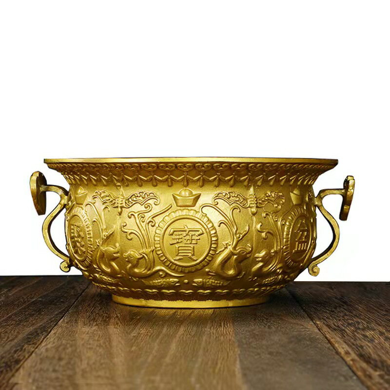 純銅聚寶盆銅缸擺件全黃銅器聚財招財風水家里辦公室裝飾工藝制品
