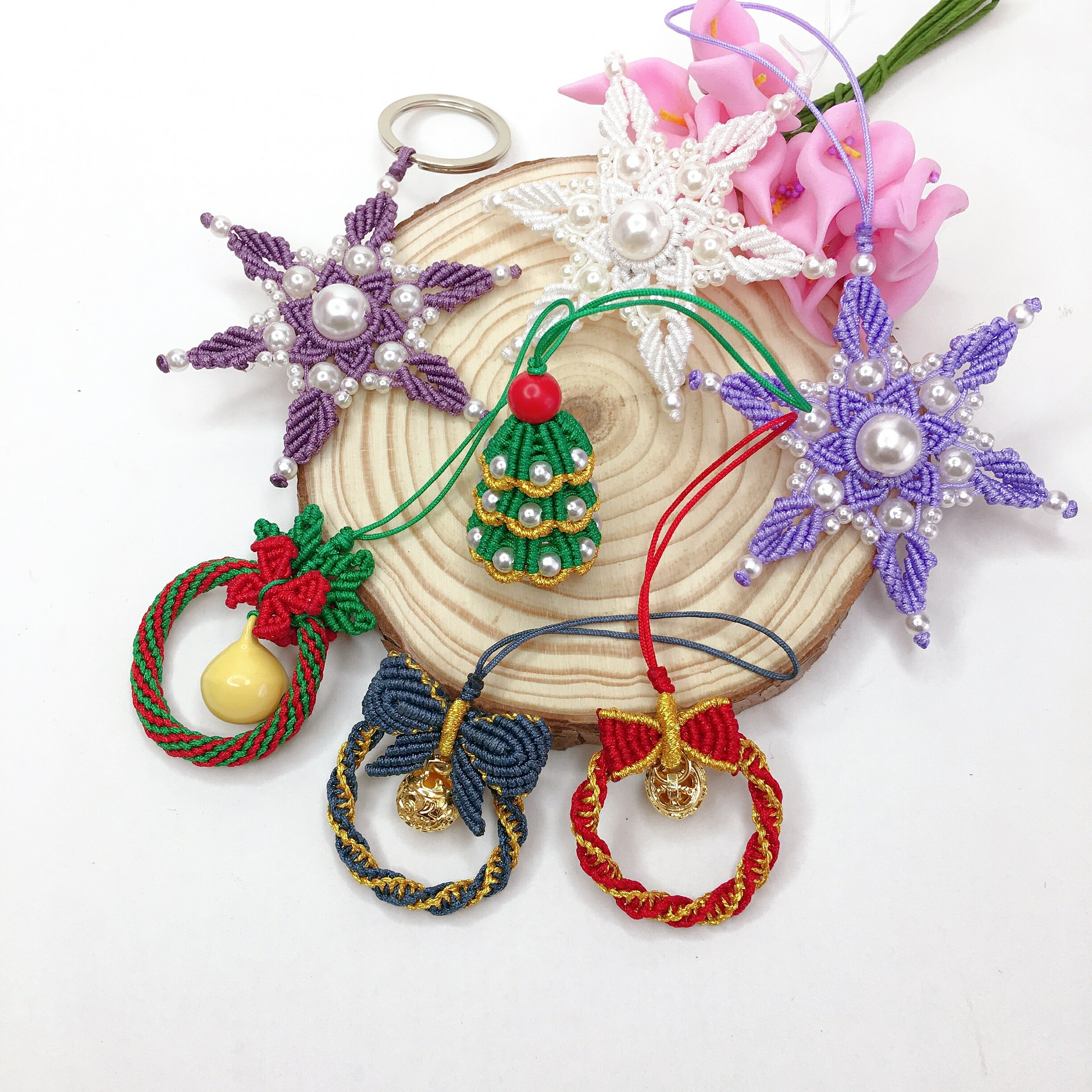 圣誕花環雙面蝴蝶結手機鏈包掛件圣誕樹鑰匙扣diy手工紅繩材料包