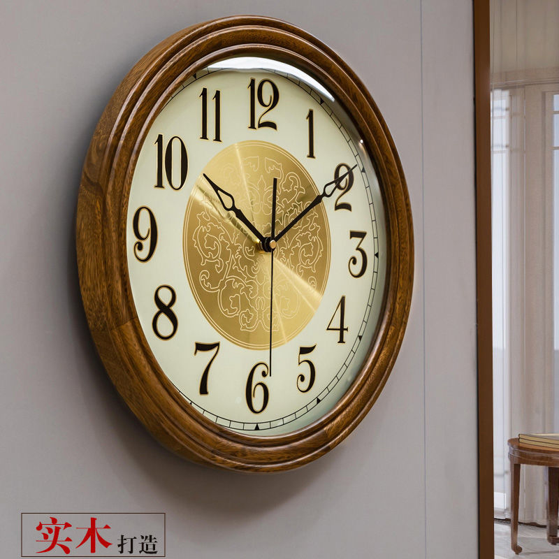 實木靜音掛鐘 美式客廳石英鐘表臥室圓形中式墻壁時鐘 掛式表鐘 掛墻 時鐘
