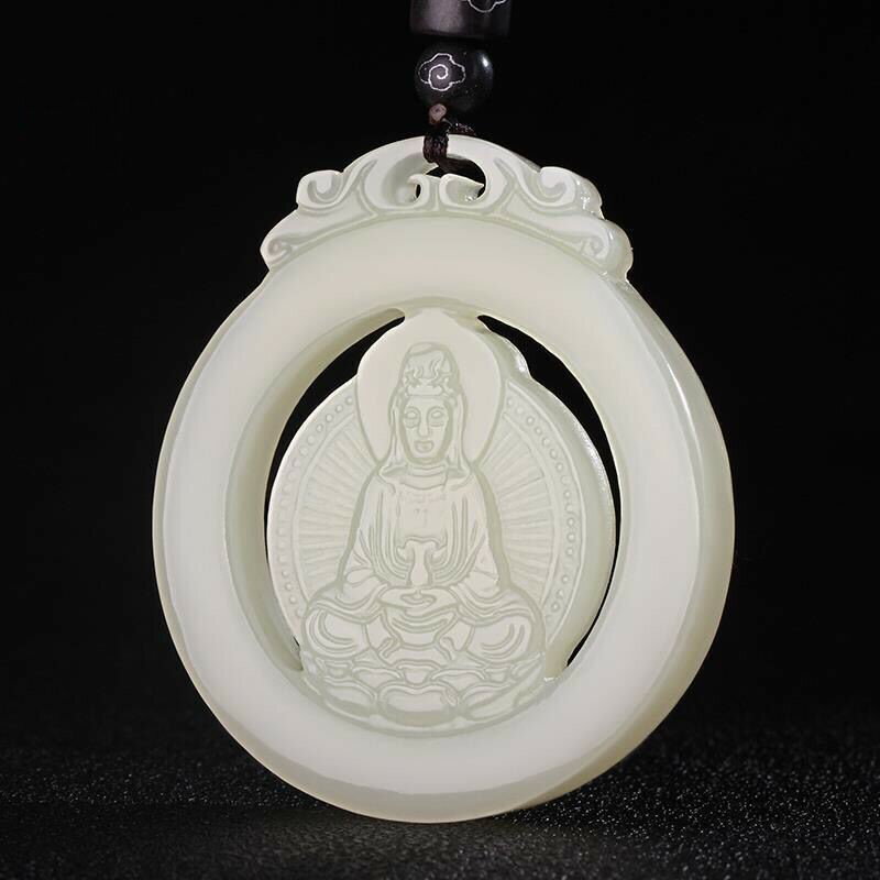 天然和田玉白玉鏤空坐蓮觀音吊墜男款圓形玉石觀世音菩薩掛件玉佩