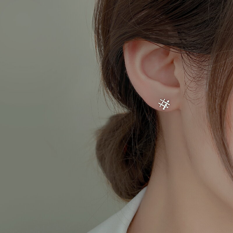 925純銀耳釘女夏年新款潮個性秋季耳環小眾井字設計感ins耳飾