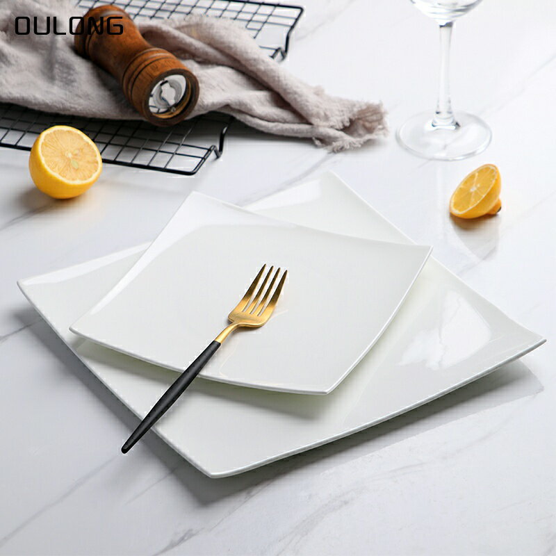 純白色正方形骨瓷牛排盤子西餐盤 歐式創意簡約家用平盤陶瓷餐具