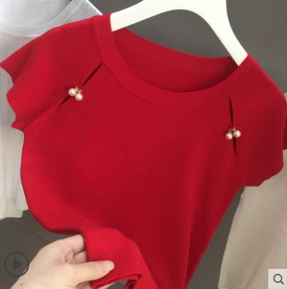 夏新款緊身短袖冰絲針織衫女紅色釘珠修身短款打底t恤上衣薄