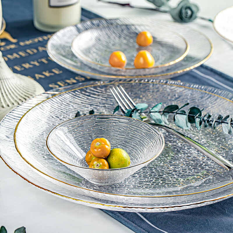 玻璃盤水果沙拉碗創意甜品碗廚房家用精美金邊餐具大小號組合套裝