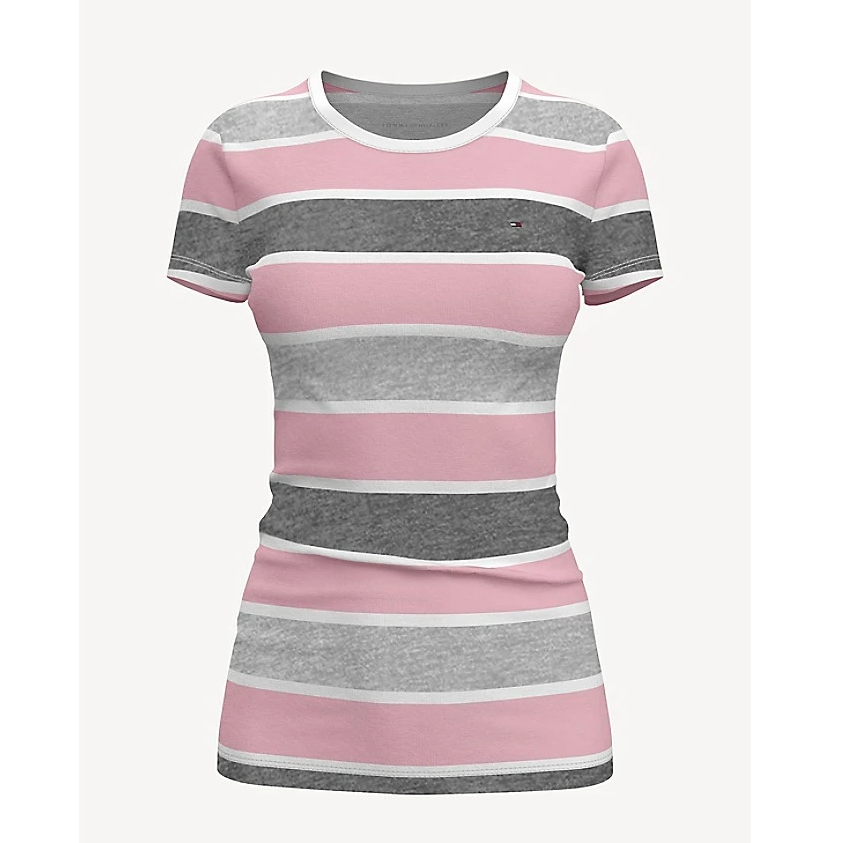 TOMMY HILFIGER 條紋短T恤合身版型 女裝 短袖 短T-Shirt 圓領 T34687 粉色(現貨)